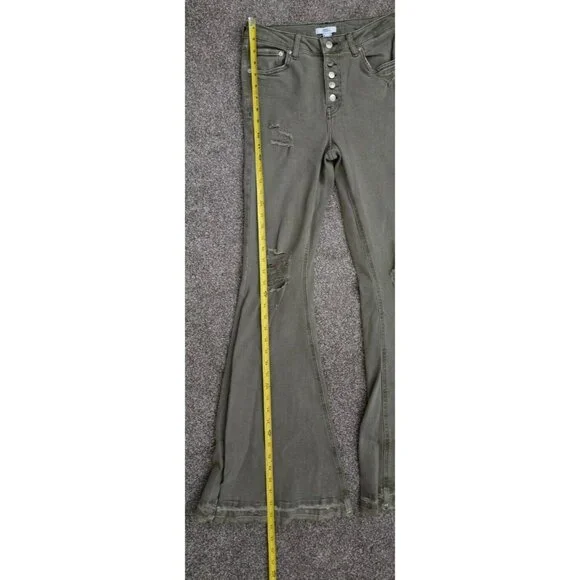 Forever 21 Women's Olive Green Flare Button Fly Mid Rise Stretch Jeans - Picture 4 of 6